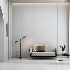 Modern luxury minimalist interior design. Aesthetic modern elegant living room design. Copy space mock up. Clean walls for decoration in the apartment. Neutral palette of natural colors.
