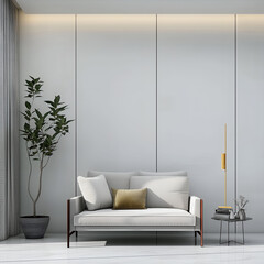 Modern luxury minimalist interior design. Aesthetic modern elegant living room design. Copy space mock up. Clean walls for decoration in the apartment. Neutral palette of natural colors.