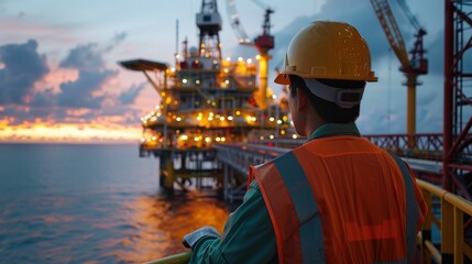 Engineer with safety vest and helmet looking at an offshore rig at dusk