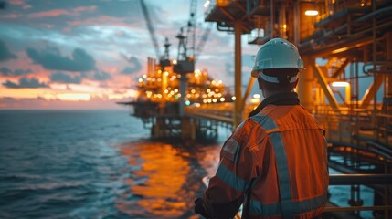 Engineer with safety vest and helmet looking at an offshore rig at dusk
