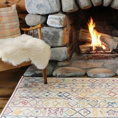 Cozy Fireplace in a Rustic Log Cabin with Crackling Flames and Bearskin Rug Creating a Warm and Inviting Atmosphere