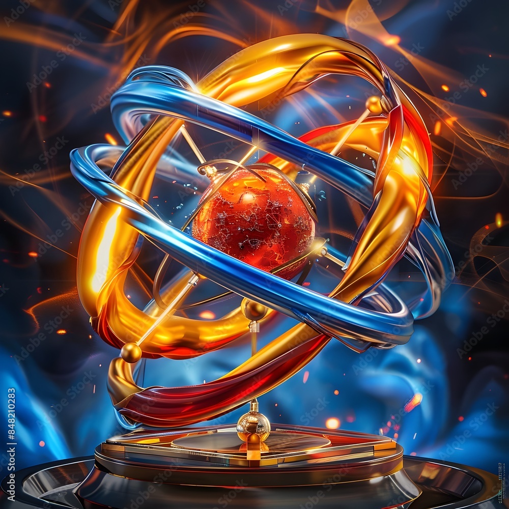 Poster mesmerizing atomic structure with swirling energetic particles