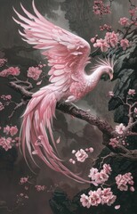 colorful mystic paradise bird with pink flowers (phoenix)
