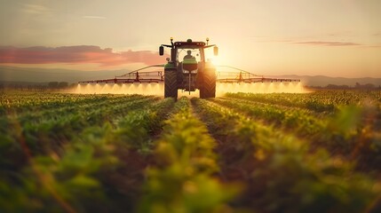 Fototapeta premium Tractor Spraying Pesticides in Golden Sunset Over Lush Green Agricultural Field