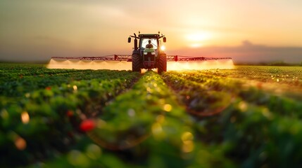 Fototapeta premium Tractor Spraying Chemicals on Lush Farmland Under Vibrant Sunset Skies in Panoramic Landscape