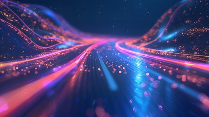 Futuristic Digital Road with Neon Lights and Dynamic Bokeh Effects