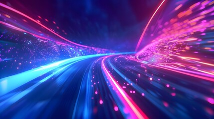 Futuristic Digital Road with Neon Lights Glowing Lines and Dynamic Abstract Effects
