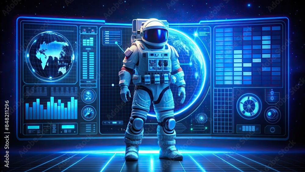 Wall mural space exploration dashboard featuring neon blue astronaut data and mission stats, neon blue, space,  - Wall murals