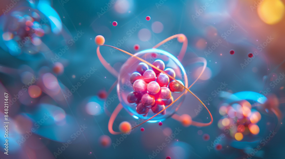 Poster a colorful image of atoms and molecules with a blue background