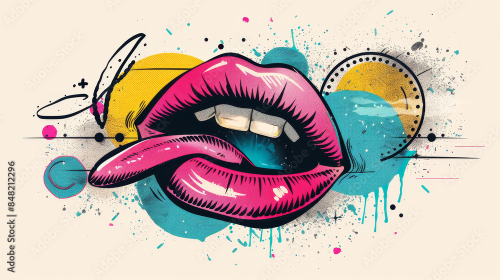 Wall mural vibrant pop art style illustration of a mouth with a protruding tongue and abstract elements - Wall murals