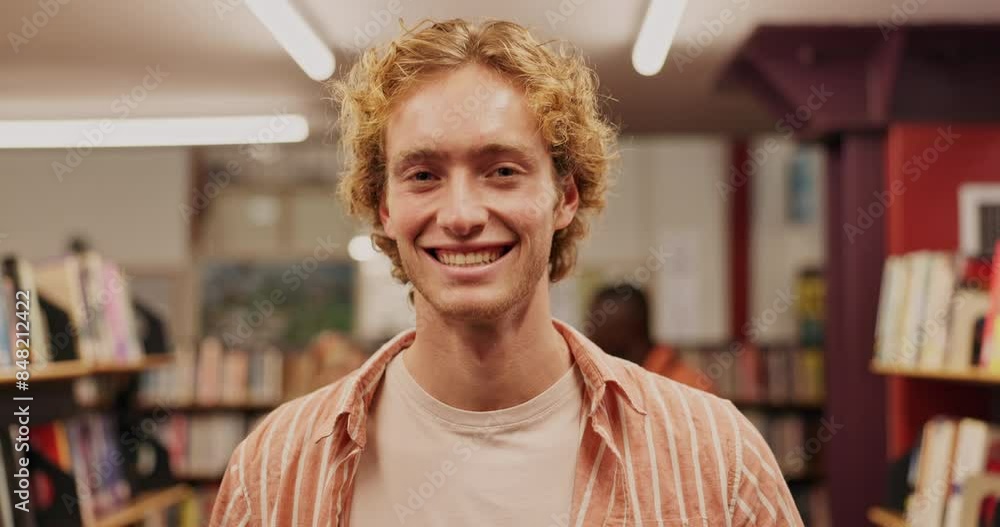 Aufkleber man, portrait and happy university student in library with pride for education, progress and results