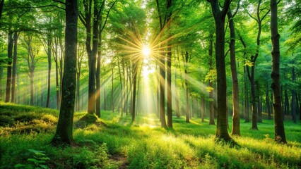 Serene forest landscape with lush green trees and sunlight shining through, depicting the beauty and tranquility of nature, forest