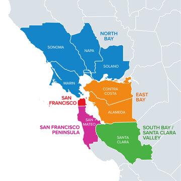 Subregions of the San Francisco Bay Area, divided by counties, political map. Area of ​​the U.S. state of California, that surrounds and includes the San Francisco Bay, which is a large tidal estuary.
