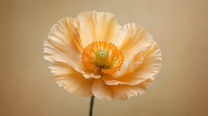 a close-up of a delicate, peach-colored poppy flower, highlighted by dew drops on its petals, set against a soft, neutral background that enhances its intricate details and vibrant center
