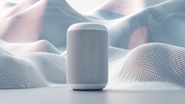 A stylish smart speaker with a minimalist design, presented on a clear background with low-poly digital patterns, highlighting its sleek appearance and high-quality sound. 
