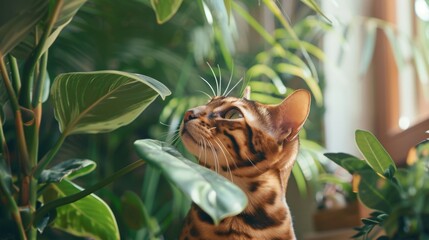 Obraz premium An active Bengal cat with a sleek, spotted coat playing in a tropical-themed room, light background with lush, green plants, in a vibrant, exotic style.