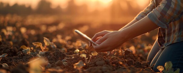 Fototapeta premium Tablet in woman farmer dirty hands with sunset, farming concept banner. Generative AI.