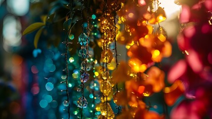 A vibrant string of beads adorns a tree,