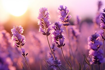 Lavender fresh flowers. Flowering field landscape, sunset or sunrise background. Aromatherapy, cosmetic, spa, massage concept for poster or banner. 