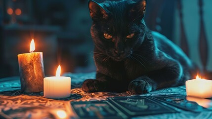 black cat and Tarot cards on the table,