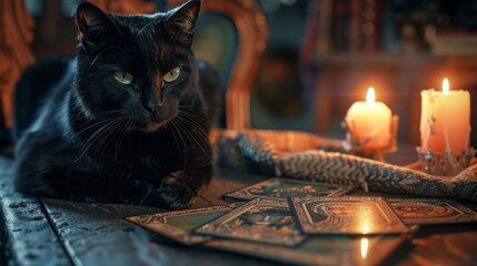 Black cat on the table next to laid out tarot cards, candles, mysticism, prediction