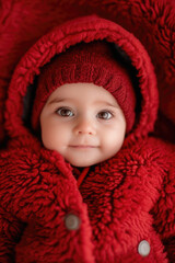 Adorable Baby in Red Winter Outfit with Hood and Beanie, Close-Up Portrait with Big Brown Eyes and Soft Expression