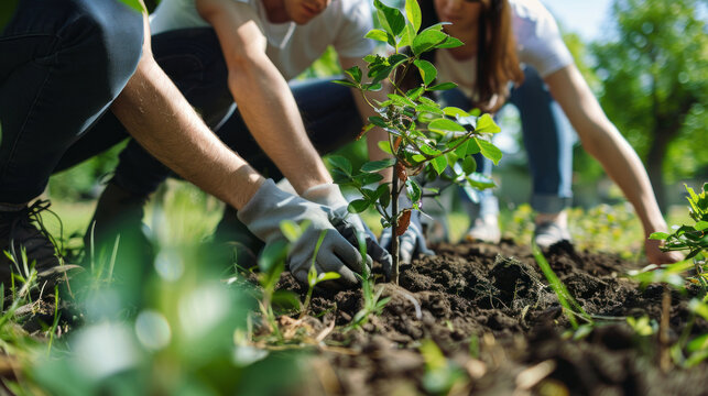 Group of coworkers planting trees on a corporate volunteer day - Powered by Adobe