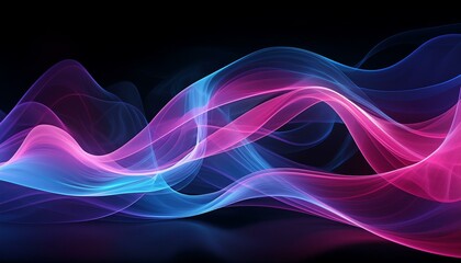 Intricately flowing pink blue purple waves on black background. Smooth curvy shape fluid background. Transparent smooth wave. Colored smoke whiffs and swirls