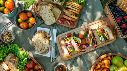 Healthy picnic spread with sandwiches, fruit, and veggies