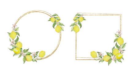 Gold frame with watercolor lemon, leaves and flowers set