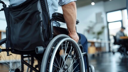 Close up of disabled man riding in wheelchair in a office background