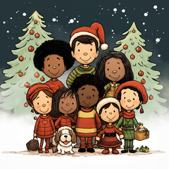 Fototapeta premium Diverse group of children celebrating Christmas outdoors with snow and festive trees