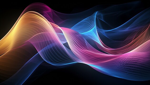 Intricately flowing pink blue yellow waves on black background. Smooth curvy shape fluid background. Transparent smooth wave. Colored smoke whiffs and swirls. AI generative