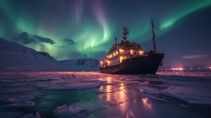 Fototapeta premium Cargo ship rest in sea water with snow mountain and beautiful aurora northern lights in night sky in winter.