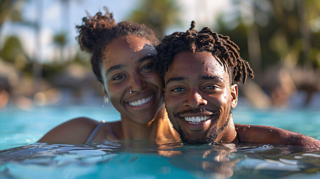 An African American couple swimming together in a tropical resort pool.
