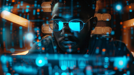 An African American cybersecurity expert analyzing data on a digital tablet, with a futuristic digital security backdrop. 
