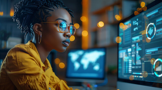 An African American woman sitting at a computer desk, focused on cybersecurity tasks.
