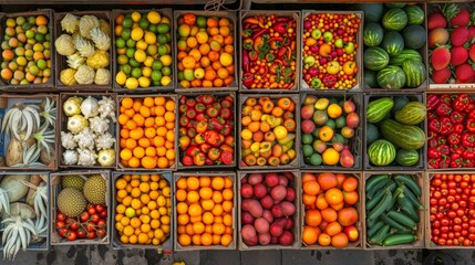 Food stands full of fresh vegetables and fruit in a grocery store.