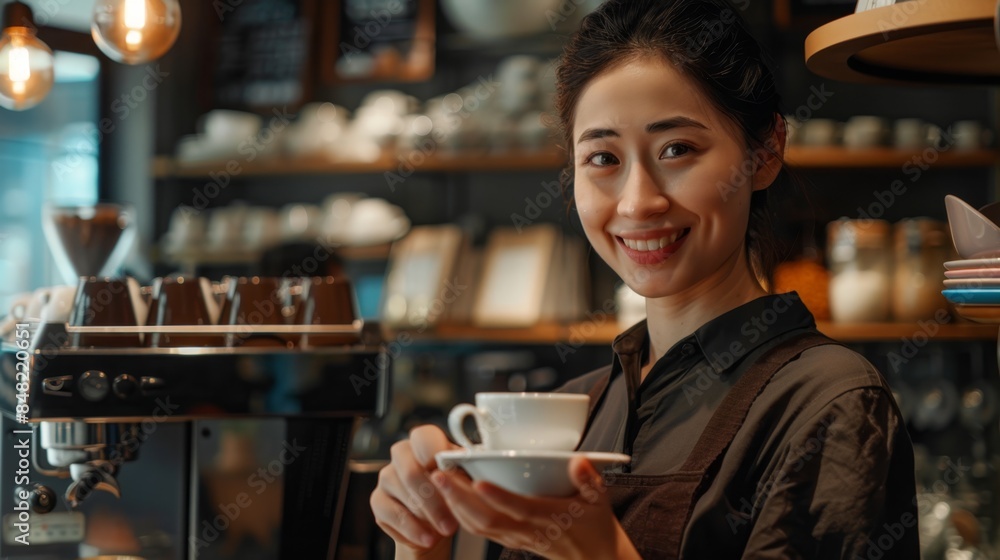 Poster the barista with coffee cup