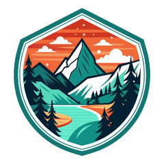 Hiking view sticker design, vintage retro-style front view mountain and forest illustration for t-shirt design