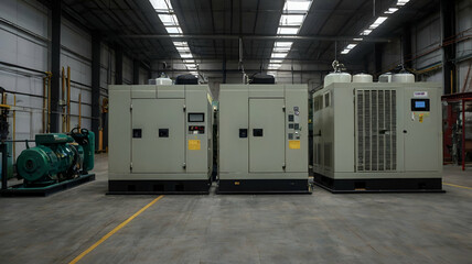 Generator room with two generators in factory standby for power backup, Diesel generator