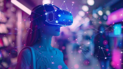 Fototapeta premium A female is in a virtual fantasy cyberpunk city street when wearing VR headset.