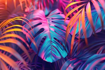 Vibrant holographic tropical leaves in surreal concept art.