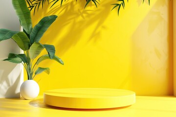 Yellow pastel podium background with abstract leaf shadow gradient.