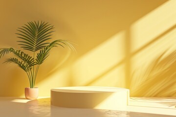 Yellow pastel podium background with abstract leaf shadow gradient.