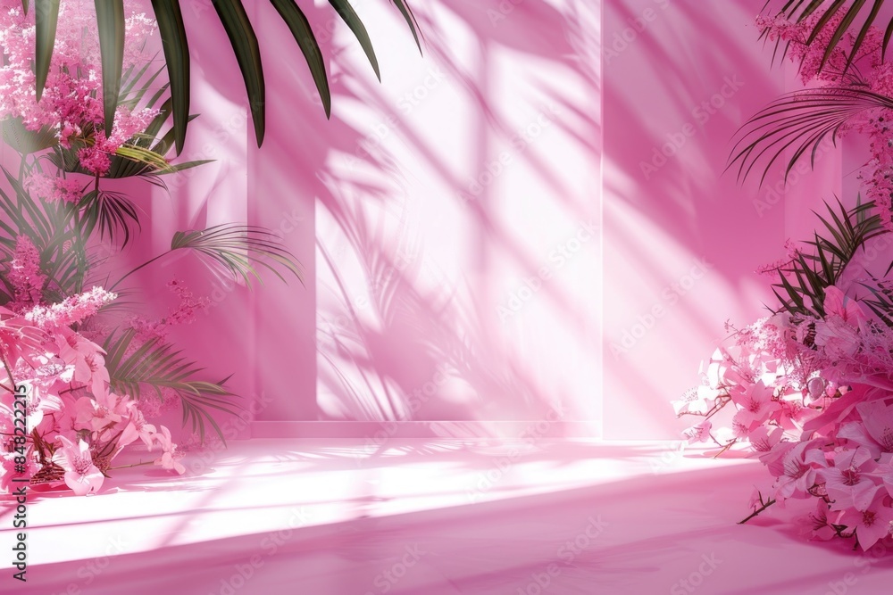 Aufkleber pink gradient studio background with window shadows and floral elements.
