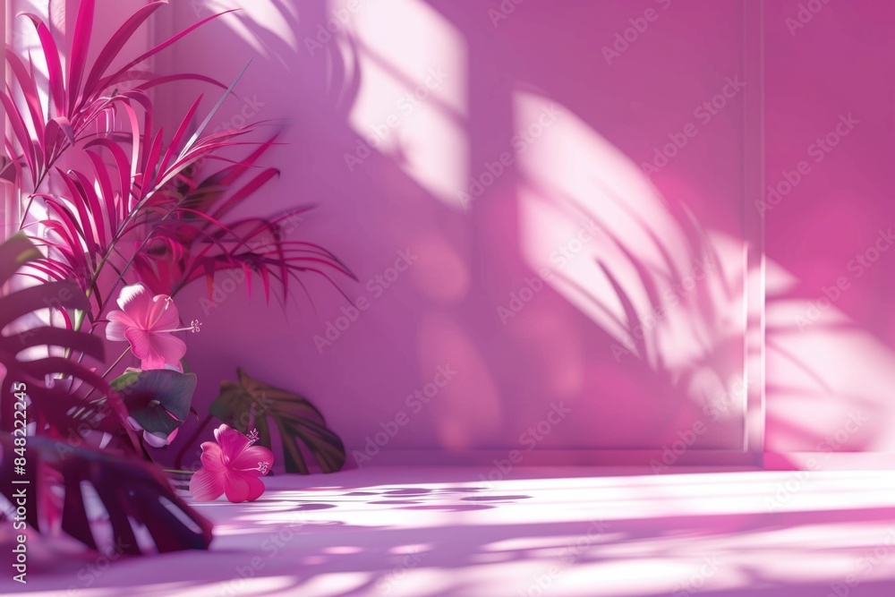 Poster pink gradient studio background with window shadows and floral elements.