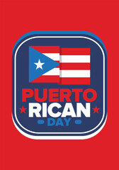 Obraz premium Puerto Rican Day. National happy holiday. Festival and parade in honor of independence and freedom. Puerto Rico flag. Latin american country. Patriotic elements. Vector poster illustration