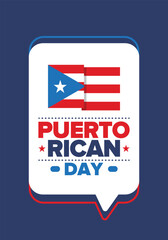 Puerto Rican Day. National happy holiday. Festival and parade in honor of independence and freedom. Puerto Rico flag. Latin american country. Patriotic elements. Vector poster illustration