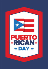 Obraz premium Puerto Rican Day. National happy holiday. Festival and parade in honor of independence and freedom. Puerto Rico flag. Latin american country. Patriotic elements. Vector poster illustration